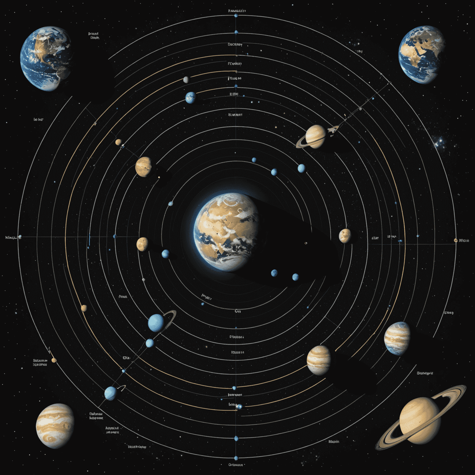 Vizualizace planetárního seskupení s výraznými liniemi spojujícími planety, zobrazující jejich vzájemné postavení a vliv