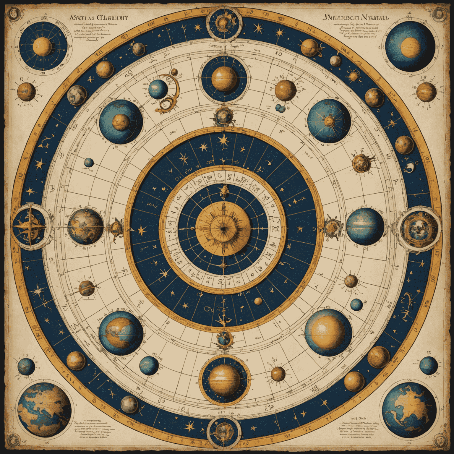 Detailní astrologická mapa s planetami, domy a aspekty, zobrazující komplexní natální graf