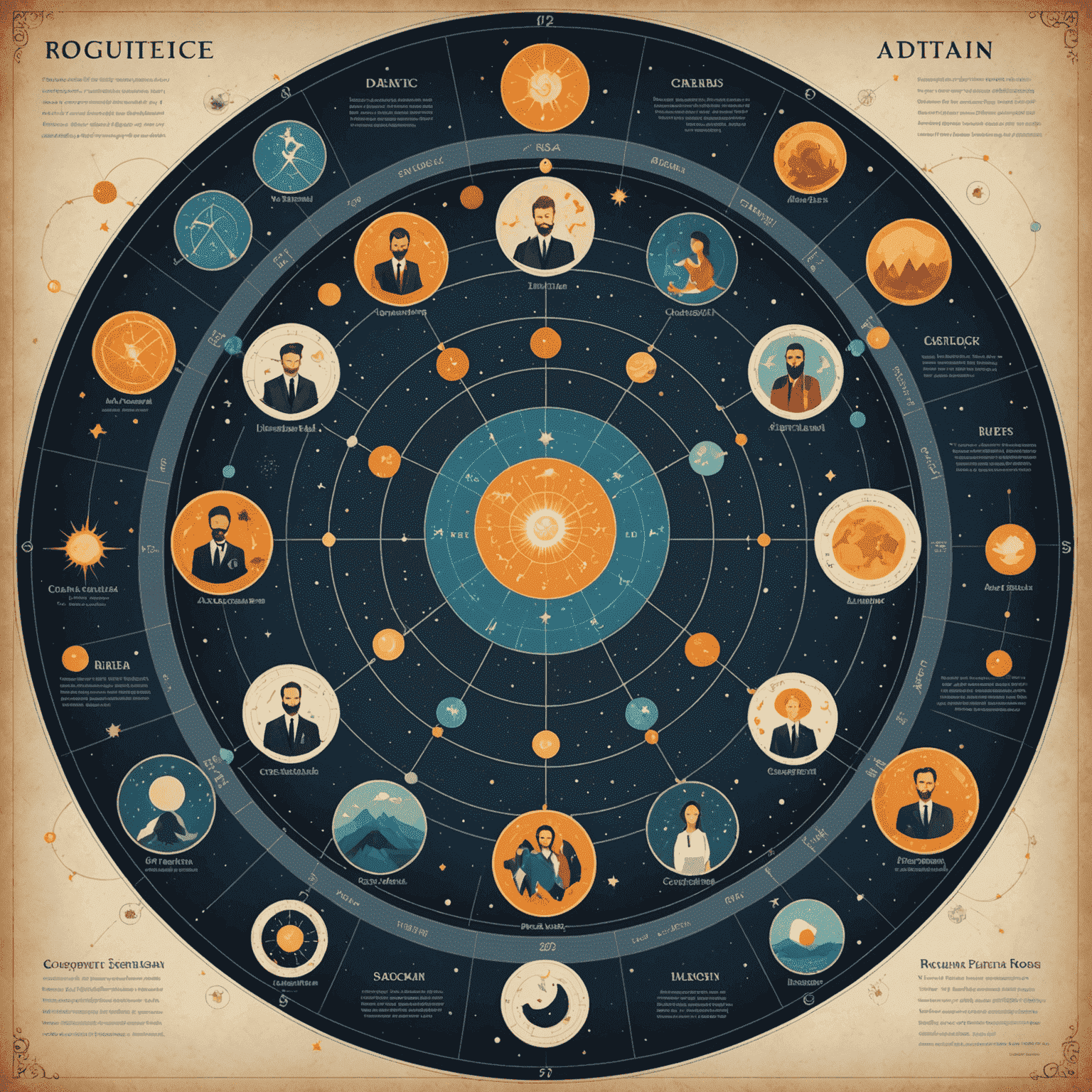 Infografika zobrazující různé pracovní role a jejich spojení s astrologickými znameními v kosmickém designu